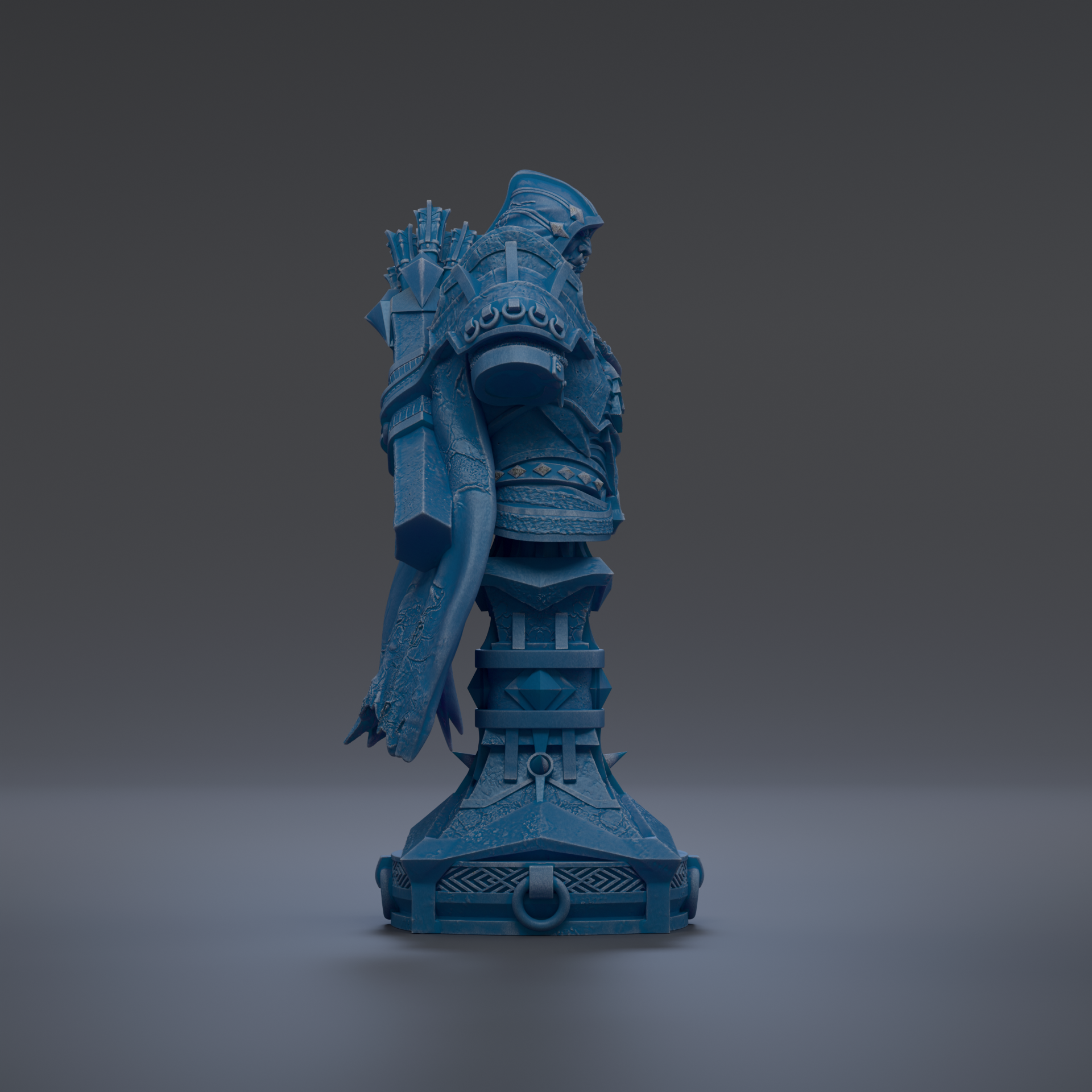 A 3D rendering of a blue armored figure standing on a pedestal against a dark background.