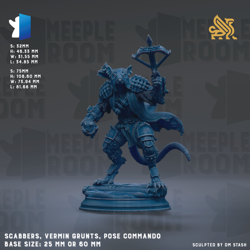 a detailed blue figurine of a creature with a crossbow, standing on a pedestal. The creature appears to be a character from a fantasy or adventure game, with a large head and a long tail. The image is described as a "scabbers, vermin grunts, pose commander" and is shown in various sizes, ranging from 25mm to 60mm. The image is a collage of multiple images, and it is described as being "sculpted by dm stash".