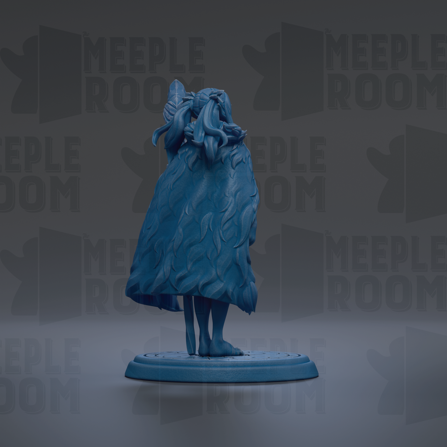 A blue statue of a person standing on a platform against a dark background with repeated text.