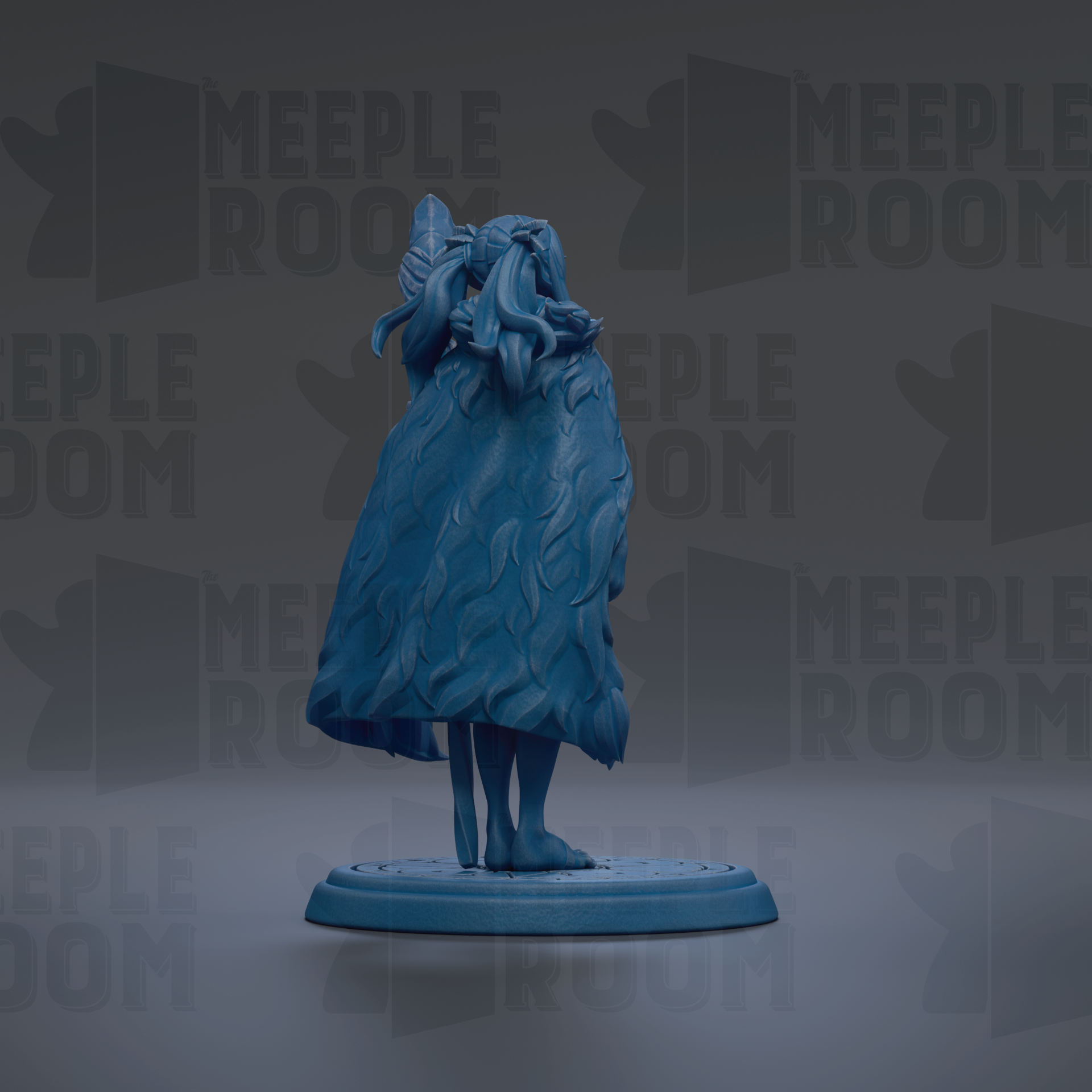 A blue statue of a person standing on a platform against a dark background with repeated text.