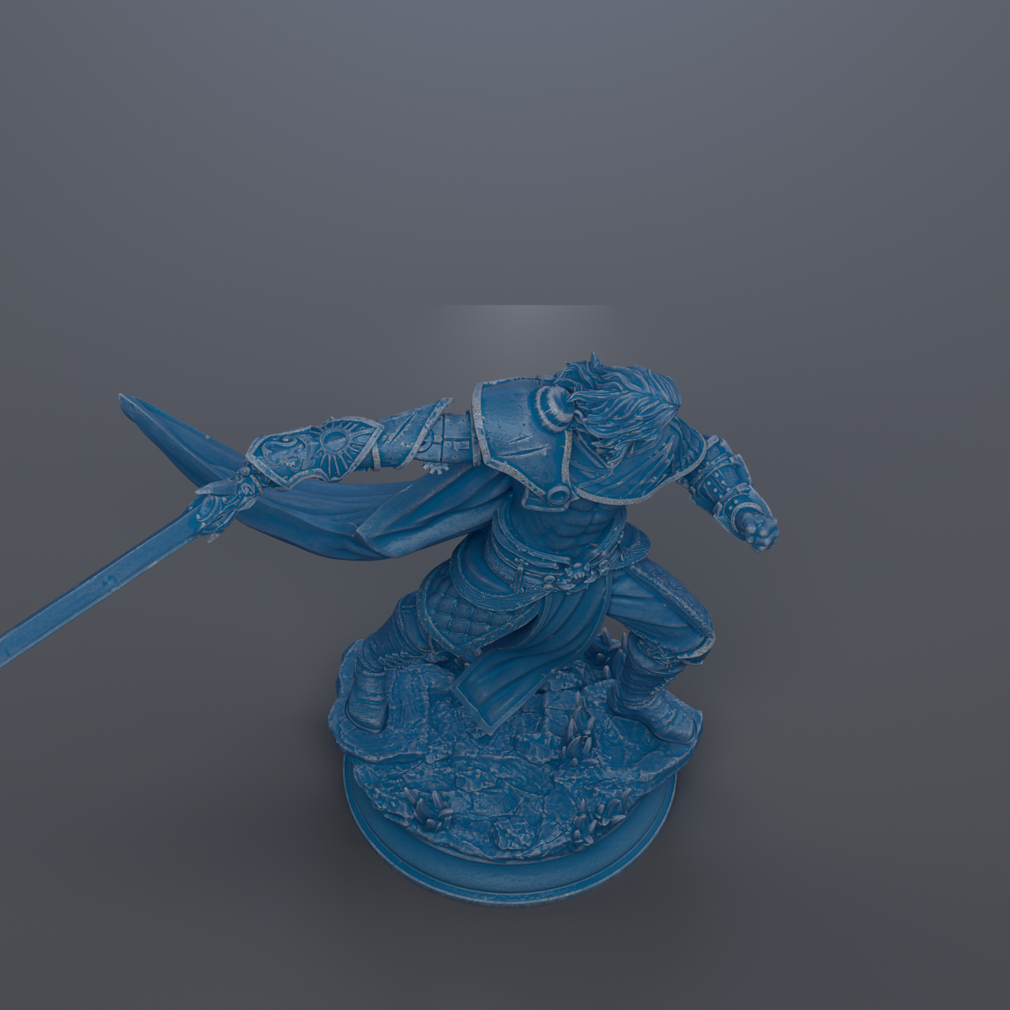 A blue statue of a warrior figure with a sword in hand, standing on a rocky base.