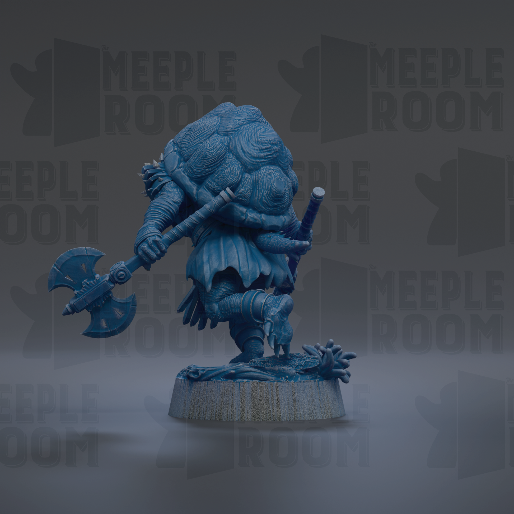 A 3D rendering of a blue, fantastical creature with a large head and a long, curved weapon in its hands, standing on a platform.
