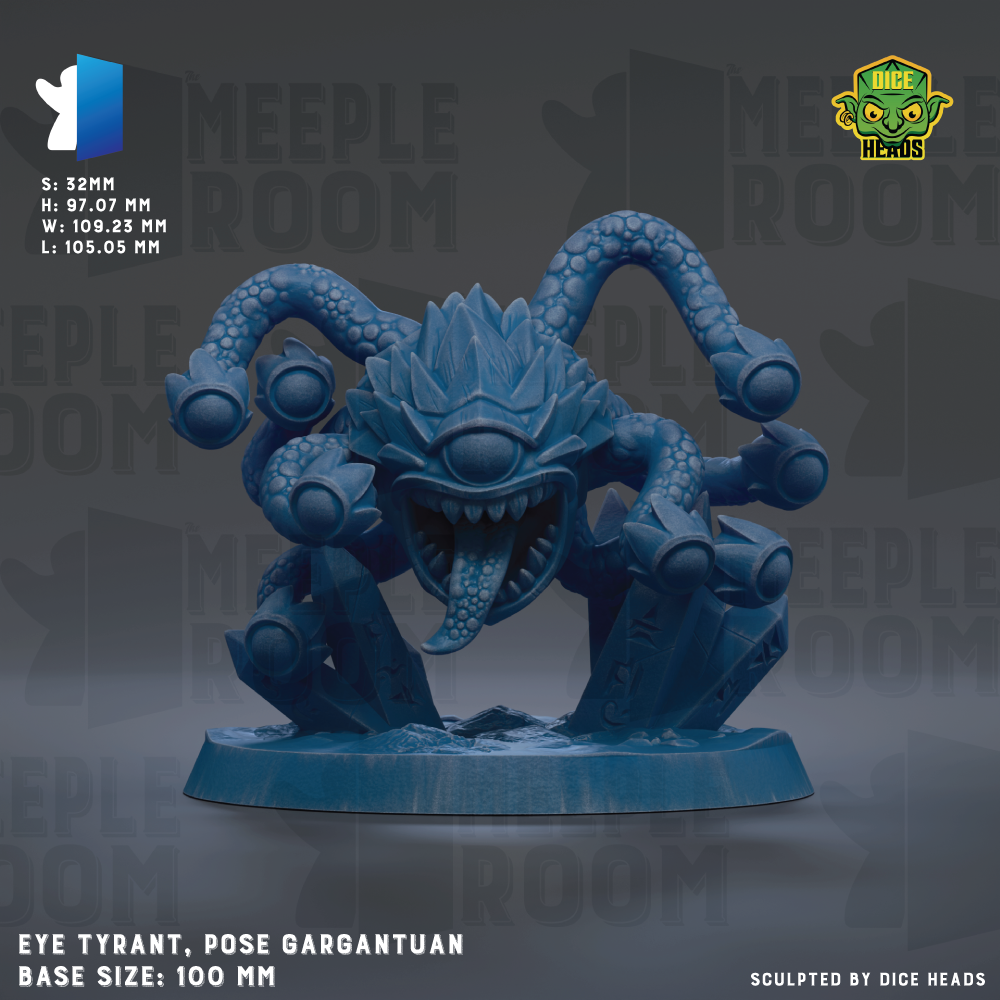 a blue, three-eyed, armored creature resembling a dragon or monster, with a large, open mouth and sharp teeth. The creature is posed in a dynamic, fighting stance, with its tongue sticking out. The creature is set against a dark background, which emphasizes its size and presence. The image is described as a "EYE TYRANT, pose GARANTUAN" and is labeled as a "BASE SIZE: 100 MM".