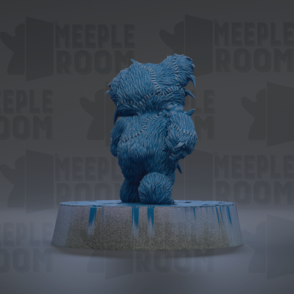 A 3D rendering of a blue, furry bear statue sitting on a pedestal.