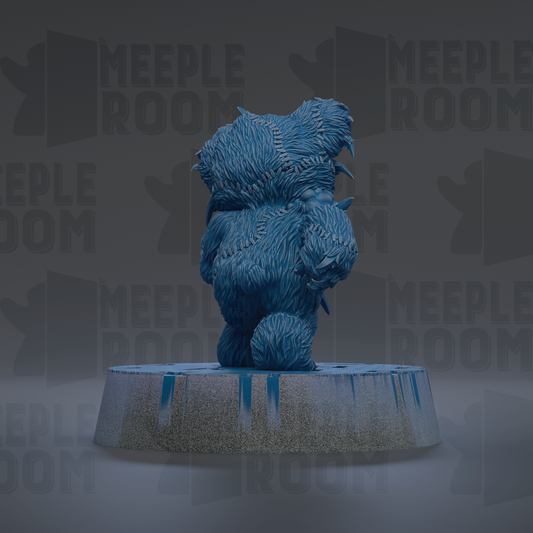 A 3D rendering of a blue, furry bear statue sitting on a pedestal.