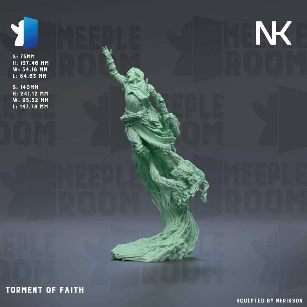 a green, flowing sculpture of a figure with outstretched arms, standing on a gray surface. The sculpture is titled "Tornment of Faith" and is described as a "Nk" model. The background features the text "MEIPLE ROOM" repeated multiple times, suggesting the sculpture is part of a larger collection or exhibition.