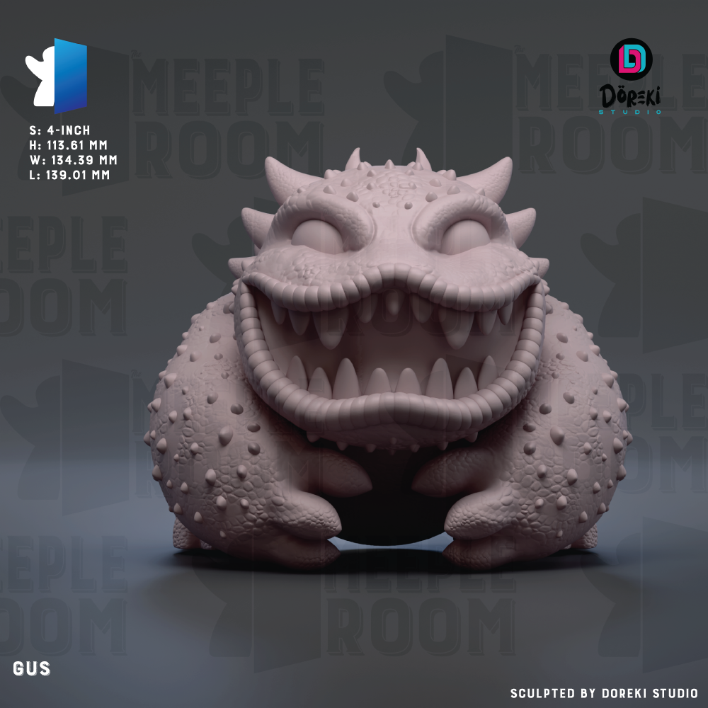 A 3D rendering of a monster-like creature with sharp teeth and a menacing expression, sitting on a surface.