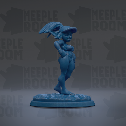 A blue figurine of a person standing on a base, with the text "MEUPLE ROOM" repeated in the background.