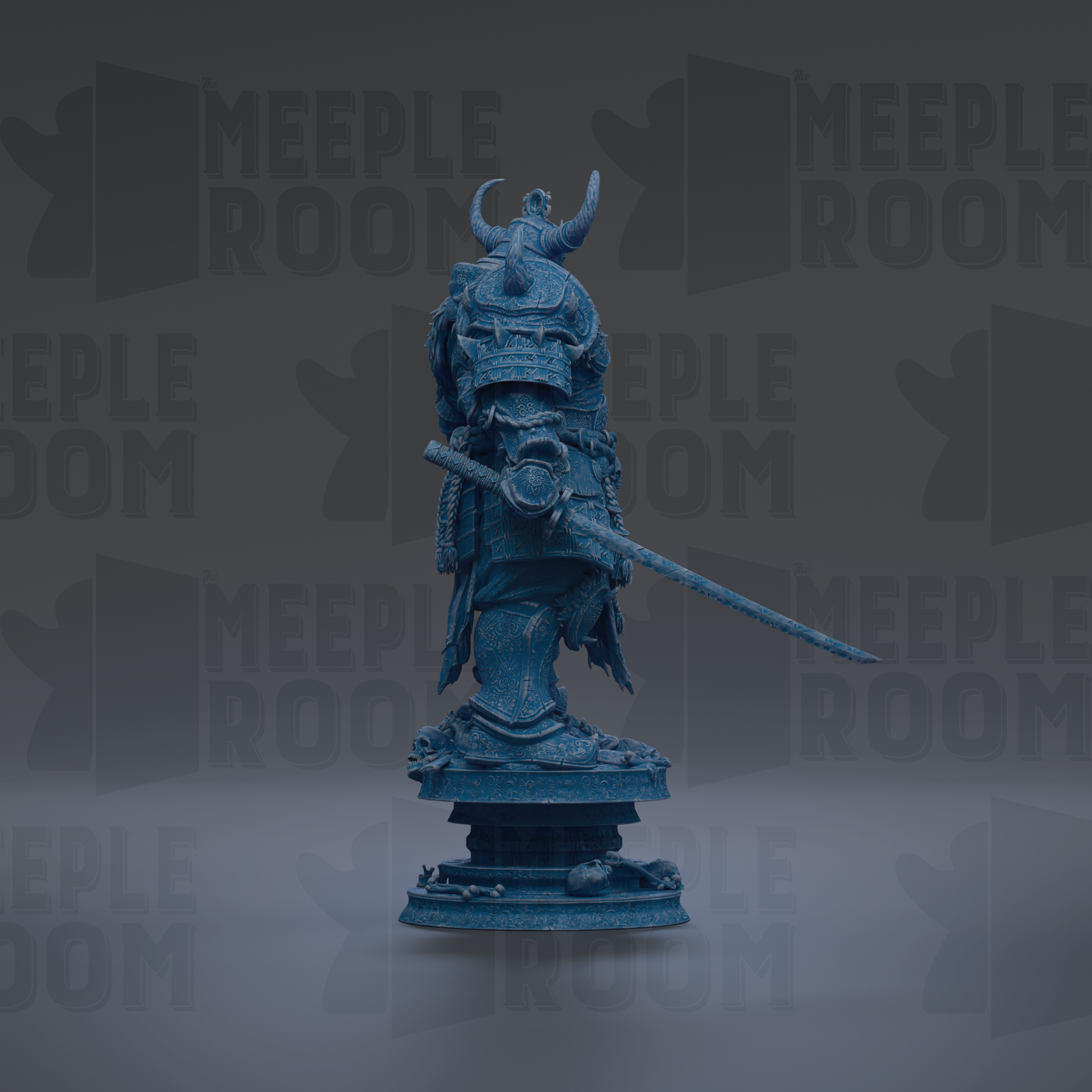 A blue statue of a warrior figure holding a sword and shield, standing on a pedestal against a dark background with repeated text.