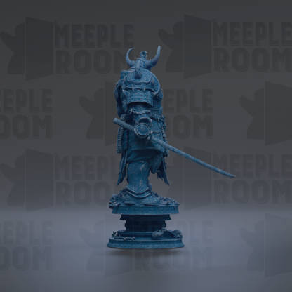 A blue statue of a warrior figure holding a sword and shield, standing on a pedestal against a dark background with repeated text.