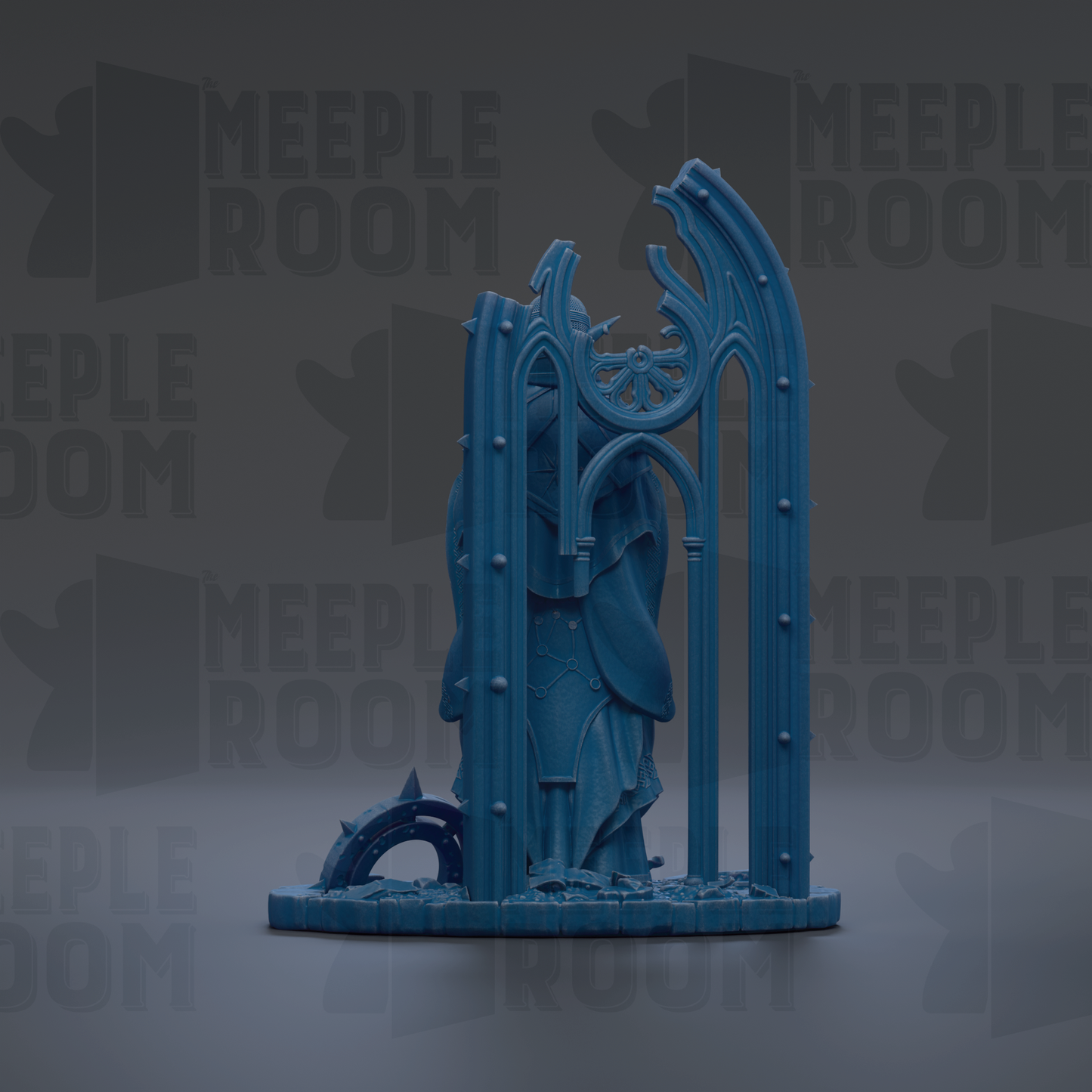 a blue, 3D-rendered statue of a figure standing on a pedestal.