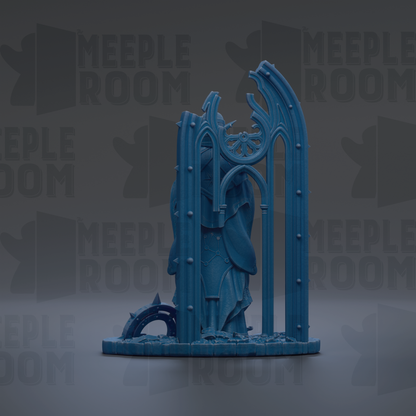 a blue, 3D-rendered statue of a figure standing on a pedestal.