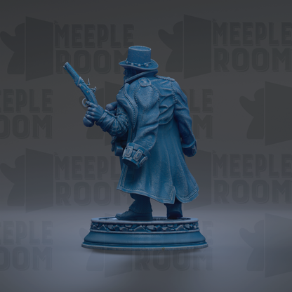 A blue statue of a person holding a gun and wearing a top hat, standing on a pedestal against a dark background with repeated text.