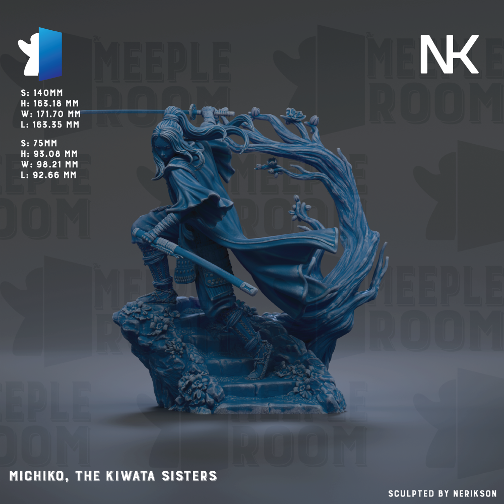 a figurine of a character named Michiko, the Kiwata Sisters, with a flowing cape and holding a sword. The figurine is set against a dark background with the text "MEIPLE ROOM" repeated multiple times.