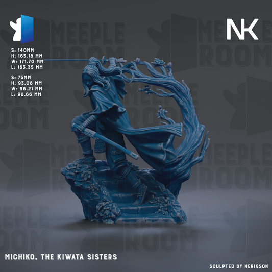 a figurine of a character named Michiko, the Kiwata Sisters, with a flowing cape and holding a sword. The figurine is set against a dark background with the text "MEIPLE ROOM" repeated multiple times.