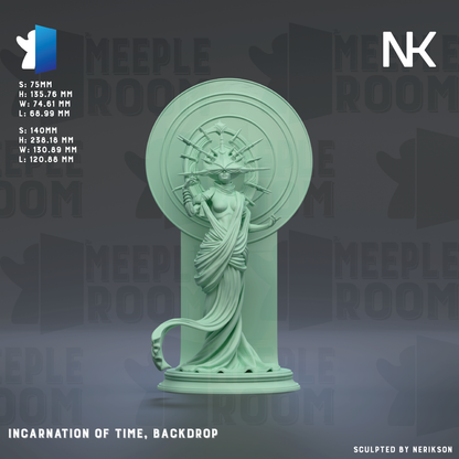 The image is a 3D rendering of a statue of a woman with a large headdress, standing on a pedestal. The background of the image is a dark gray color, and there are repeated instances of the word "MEIPLLE" in the background.