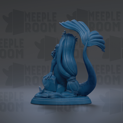 A blue mermaid figurine is displayed against a dark background with the text "MEUPLE ROOM" repeated multiple times.