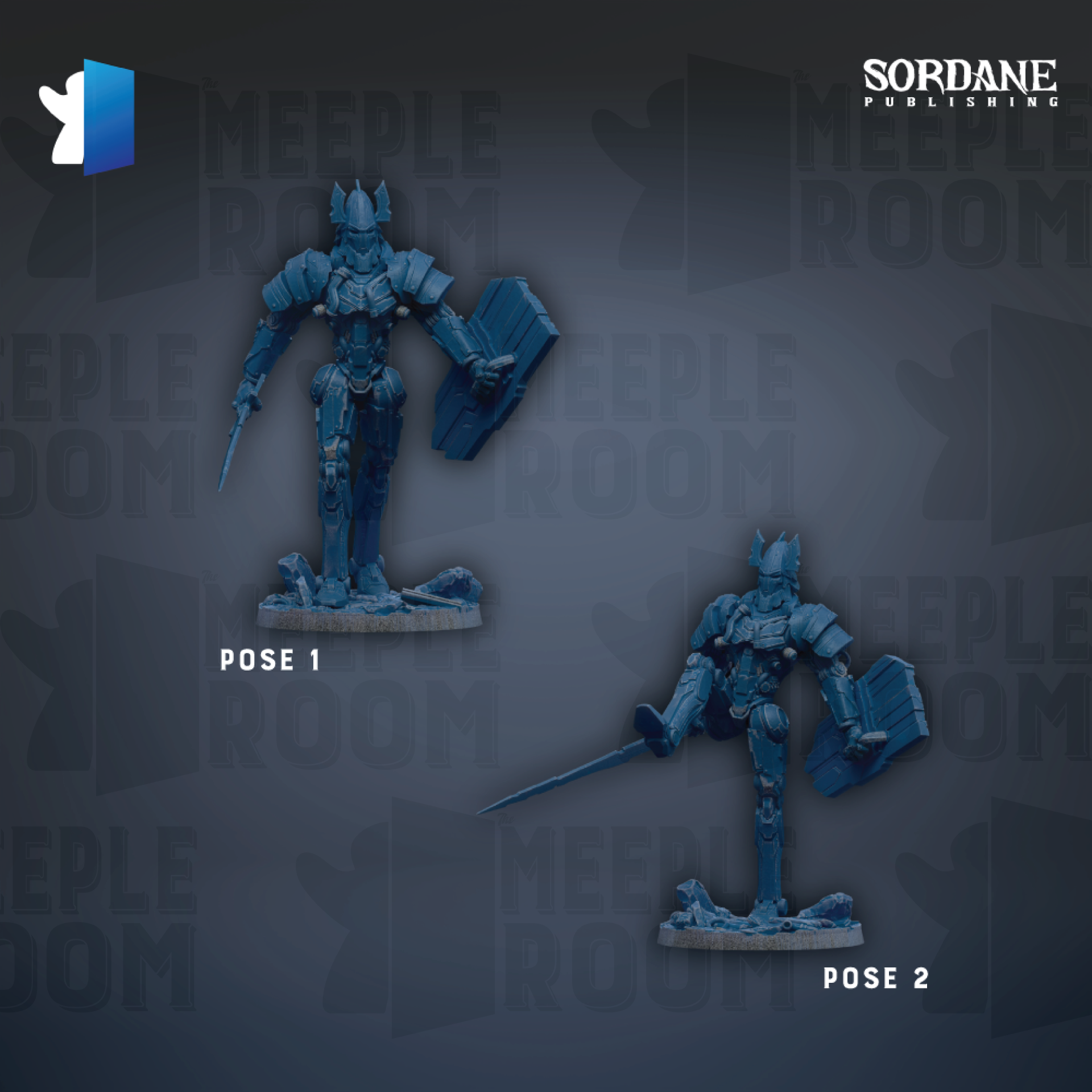 two blue figurines of soldiers, each holding a shield and sword, set against a dark background with repeated text.