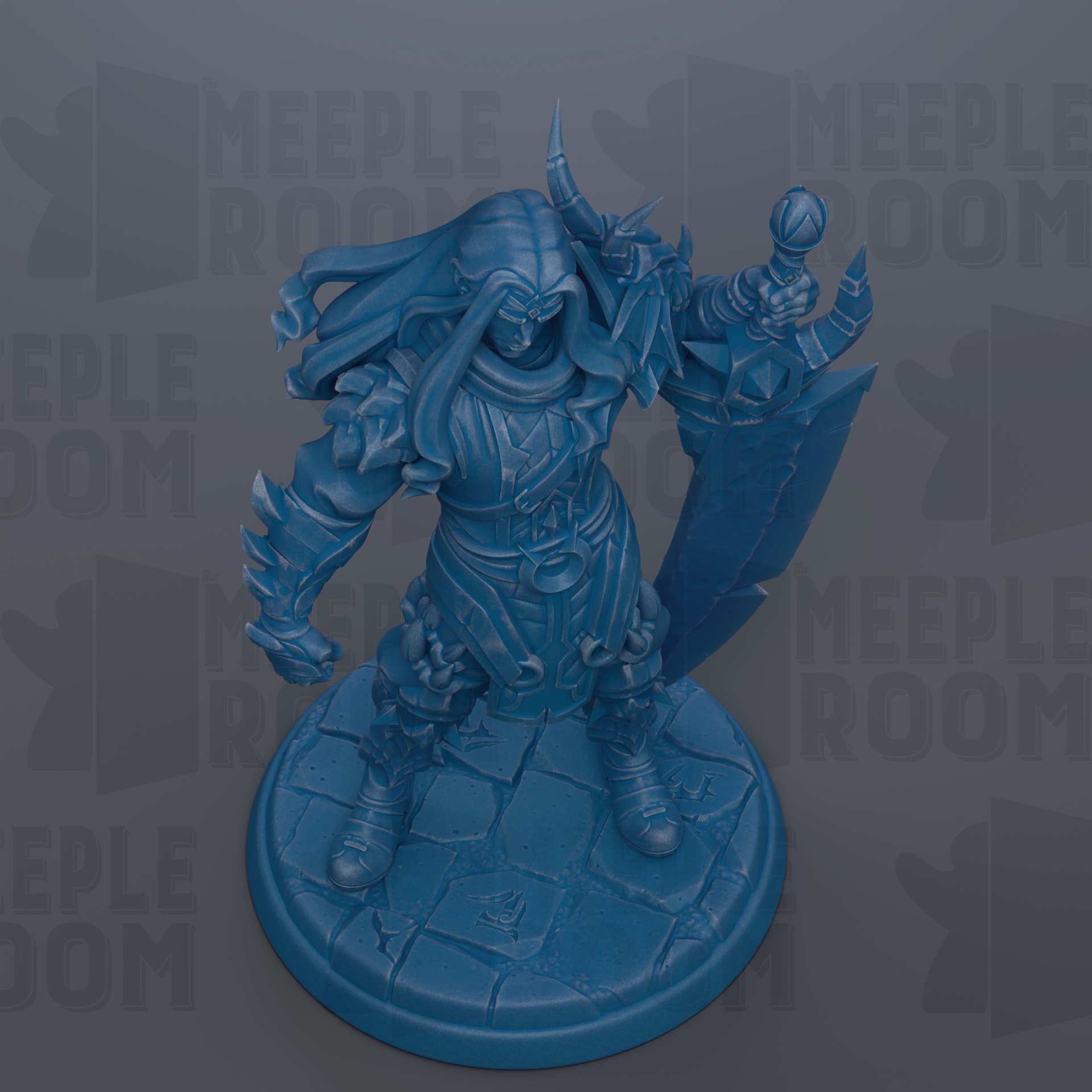 A blue, 3D-rendered warrior figure holding a sword and shield stands on a stone pedestal against a dark background with repeated text.