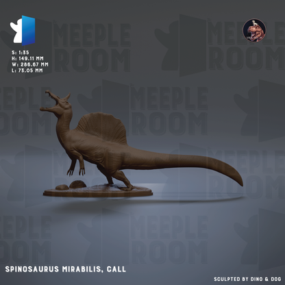 The image is a 3D rendering of a Spinosaurus, a large dinosaur, with its mouth open and tongue sticking out. The dinosaur is standing on a platform and appears to be in motion. The background of the image is a dark gray color, and there are repeated text elements throughout the image, including the words "MEIPLE ROOM" and "SPINOSAURUS MIRABILIS, CALL".