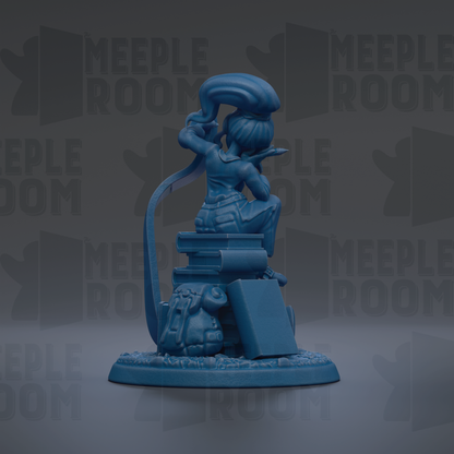 A blue figurine of a person sitting on a stack of books, with a large headdress or hat, against a dark background with repeated text.