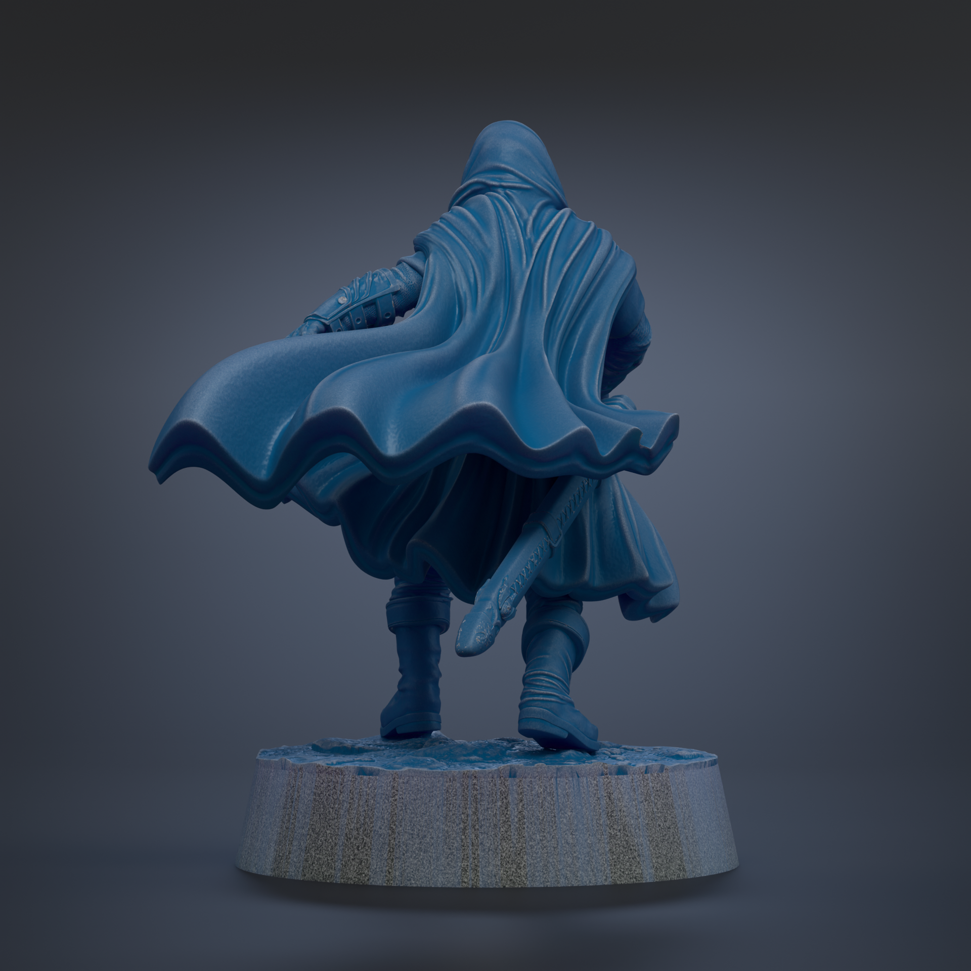 A 3D rendering of a figure in a flowing blue cape, standing on a platform and facing away from the camera.