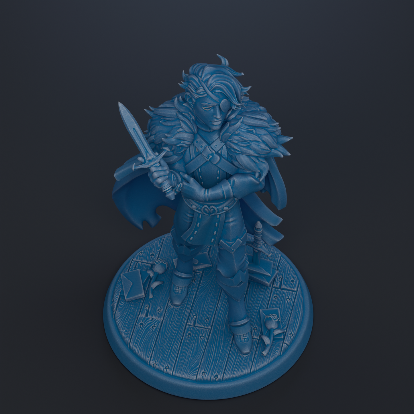 A 3D rendering of a female character with a sword, standing on a wooden base.