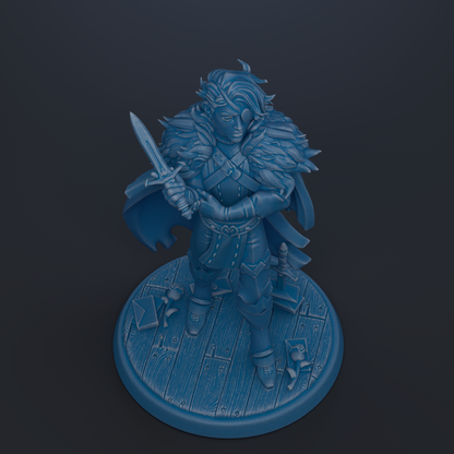 A 3D rendering of a female character with a sword, standing on a wooden base.