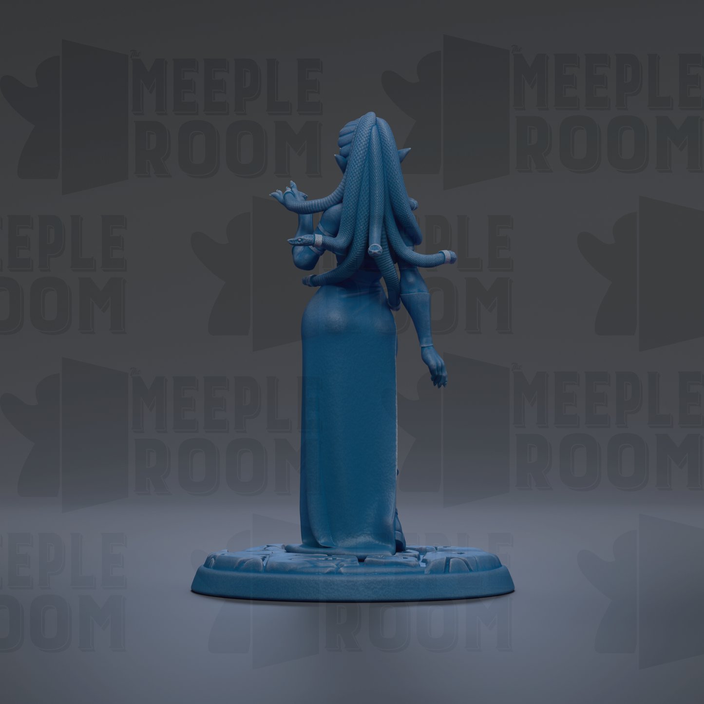 A blue figurine of a woman with long hair and a flowing dress stands on a base against a dark background with repeated text.