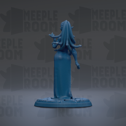 A blue figurine of a woman with long hair and a flowing dress stands on a base against a dark background with repeated text.