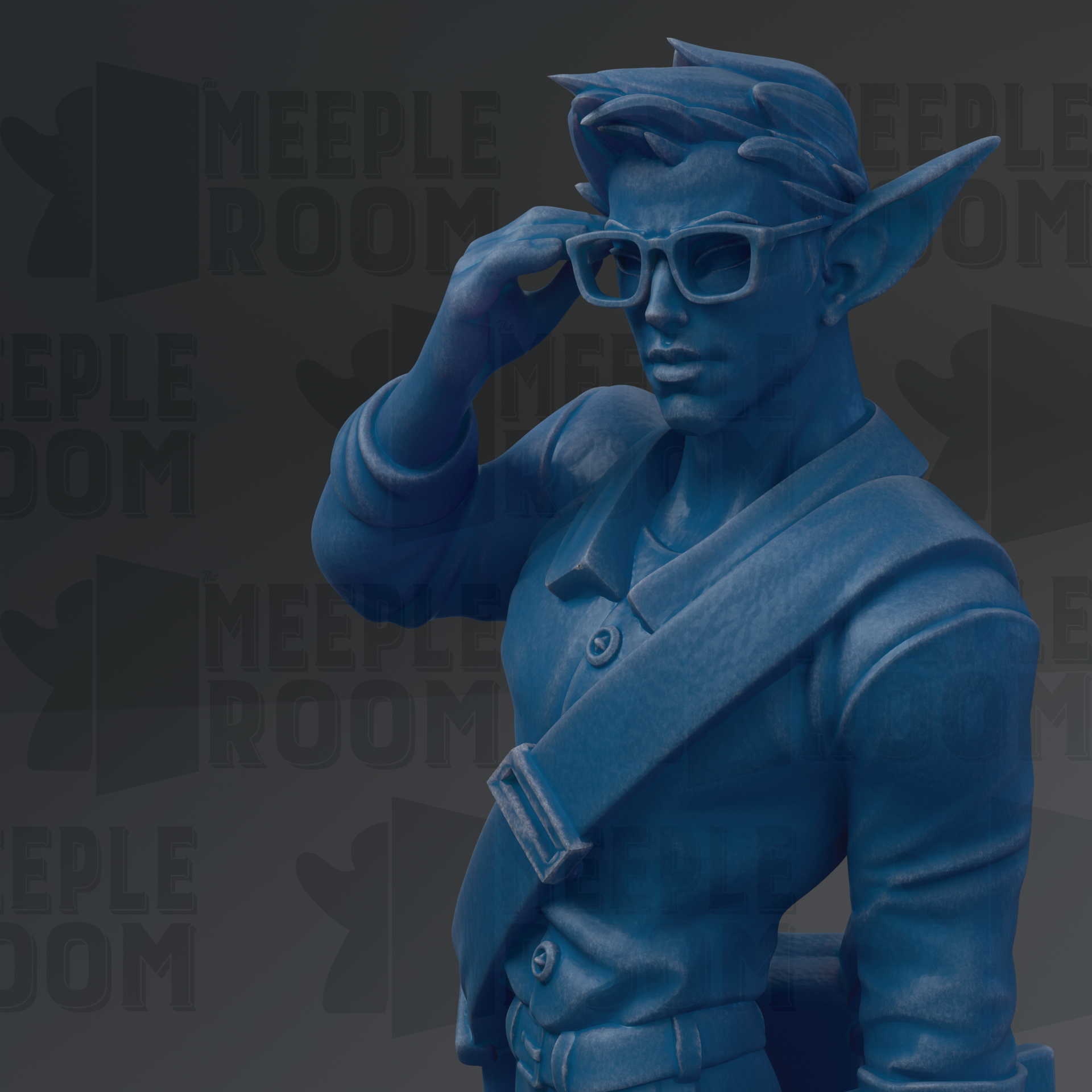 A blue statue of a person wearing glasses and a jacket, with the text "MEUPLE ROOM" repeated in the background.