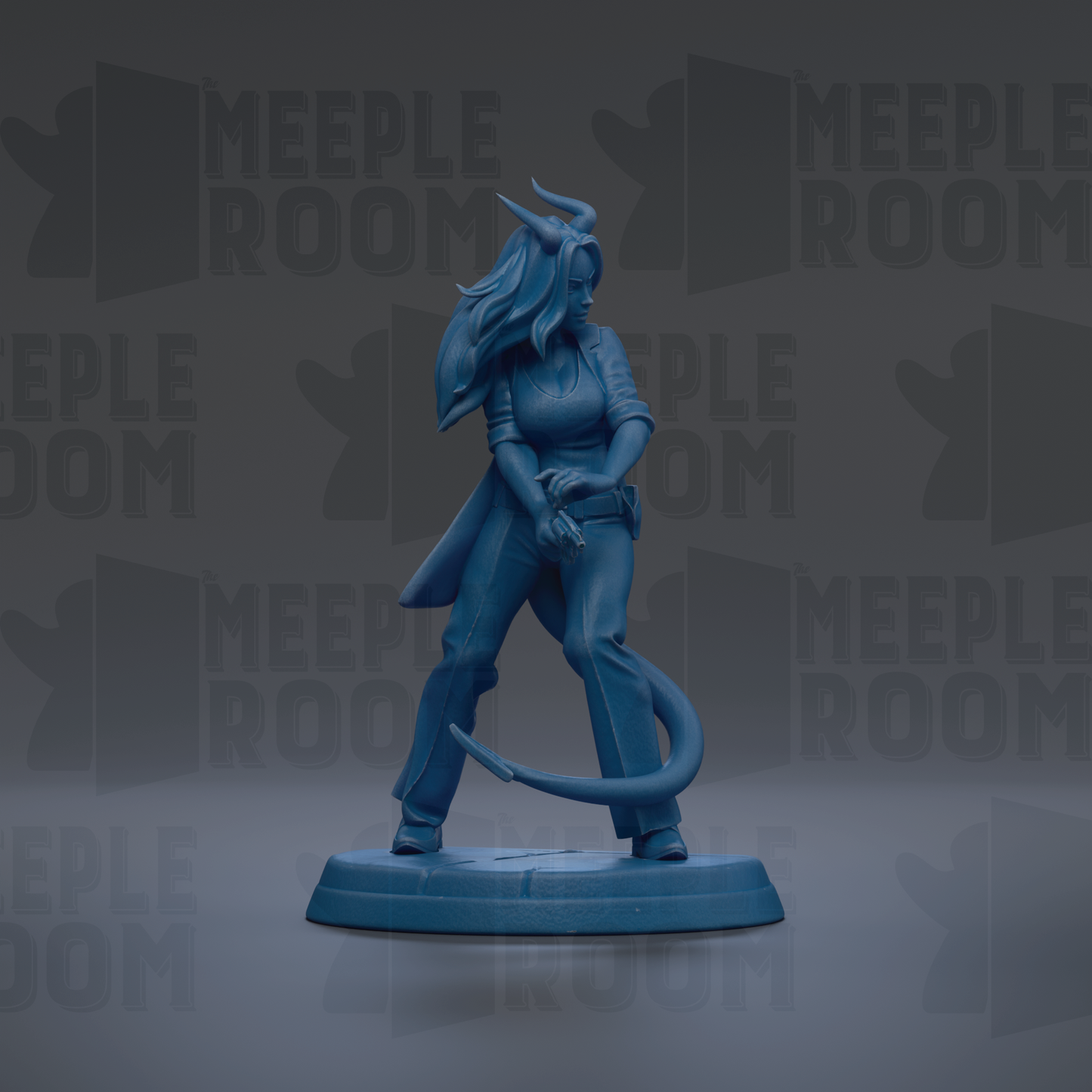 A blue figurine of a woman with horns, standing on a platform and holding a weapon, against a dark background with repeated text.
