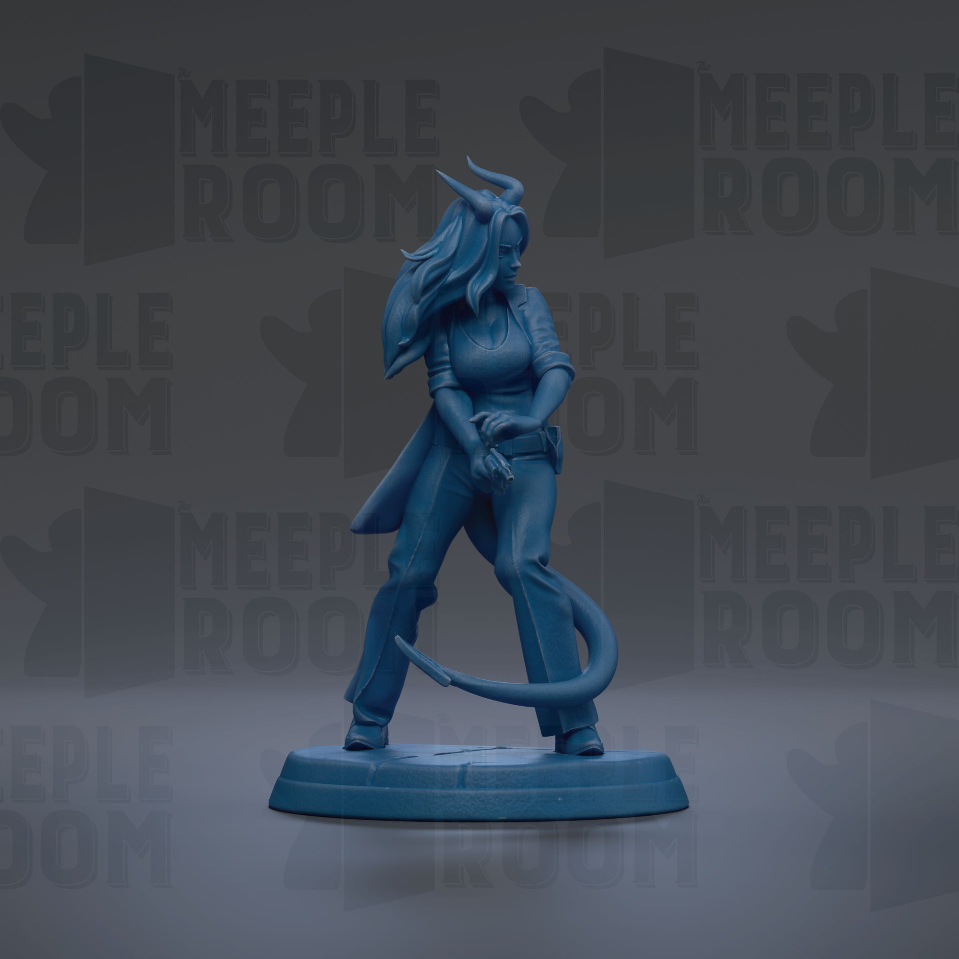 A blue figurine of a woman with horns, standing on a platform and holding a weapon, against a dark background with repeated text.