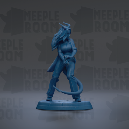 A blue figurine of a woman with horns, standing on a platform and holding a weapon, against a dark background with repeated text.