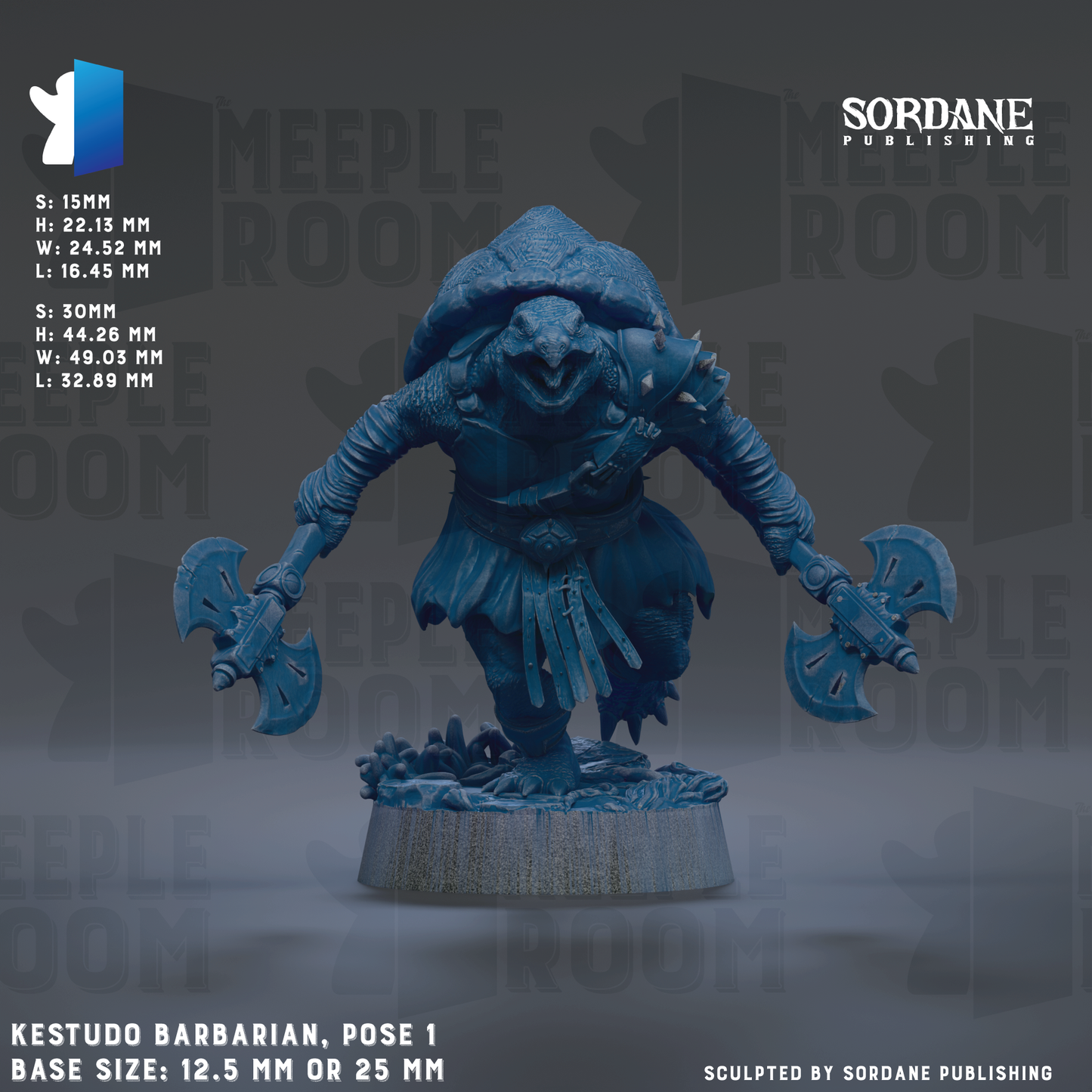 The image is a 3D rendering of a barbarian figure, specifically KestUDO, posed in a dynamic fighting stance with two large swords in hand. The figure is set against a dark background with repeated text and logos, including the words "MEIPLE ROOM" and "SORDANE PUBLISHING". The base size of the figure is either 12.5 mm or 25 mm, depending on the interpretation of the image.
