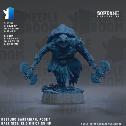 The image is a 3D rendering of a barbarian figure, specifically KestUDO, posed in a dynamic fighting stance with two large swords in hand. The figure is set against a dark background with repeated text and logos, including the words "MEIPLE ROOM" and "SORDANE PUBLISHING". The base size of the figure is either 12.5 mm or 25 mm, depending on the interpretation of the image.