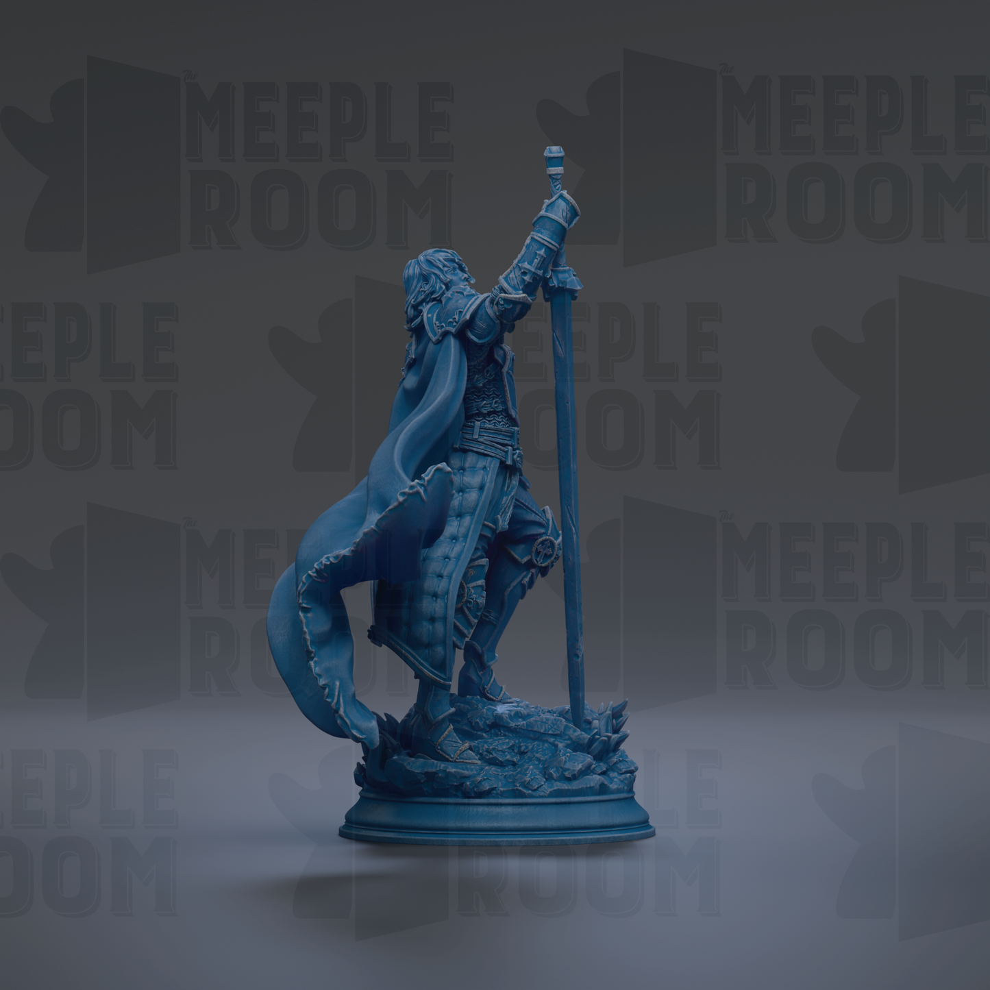 A blue statue of a person holding a sword and standing on a pedestal.