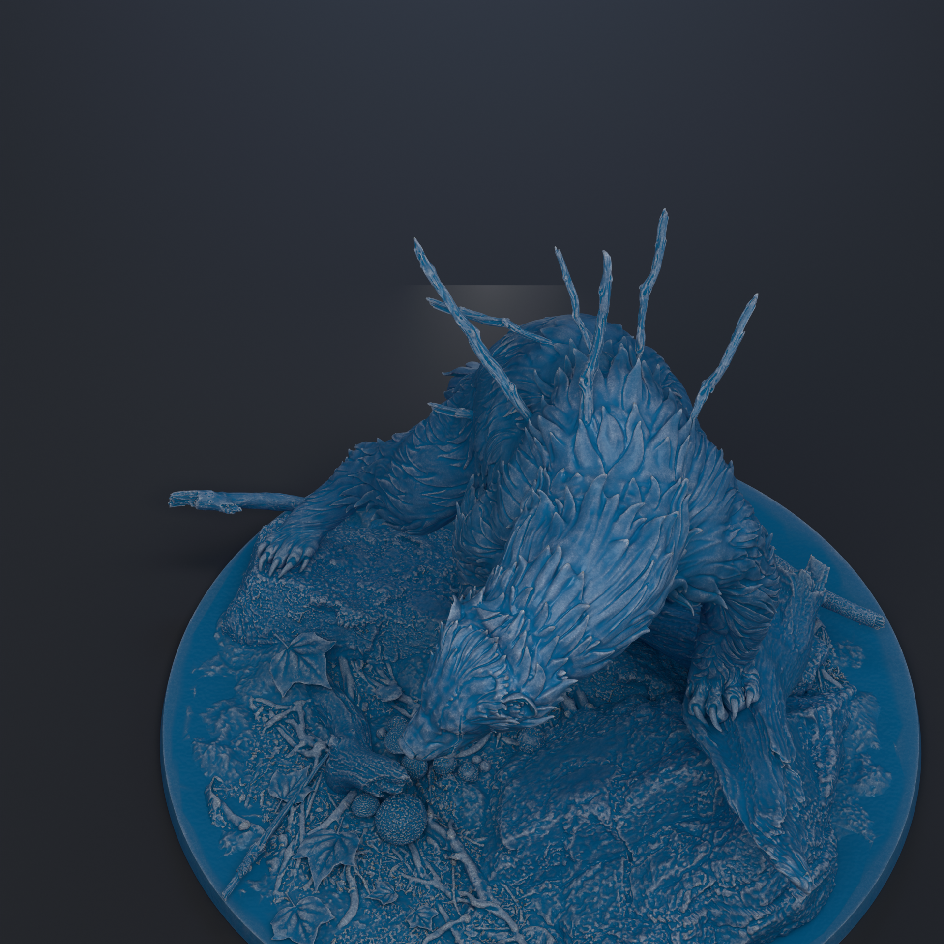 A 3D rendering of a blue, spiky creature with sharp teeth, sitting on a blue surface with some small objects around it.