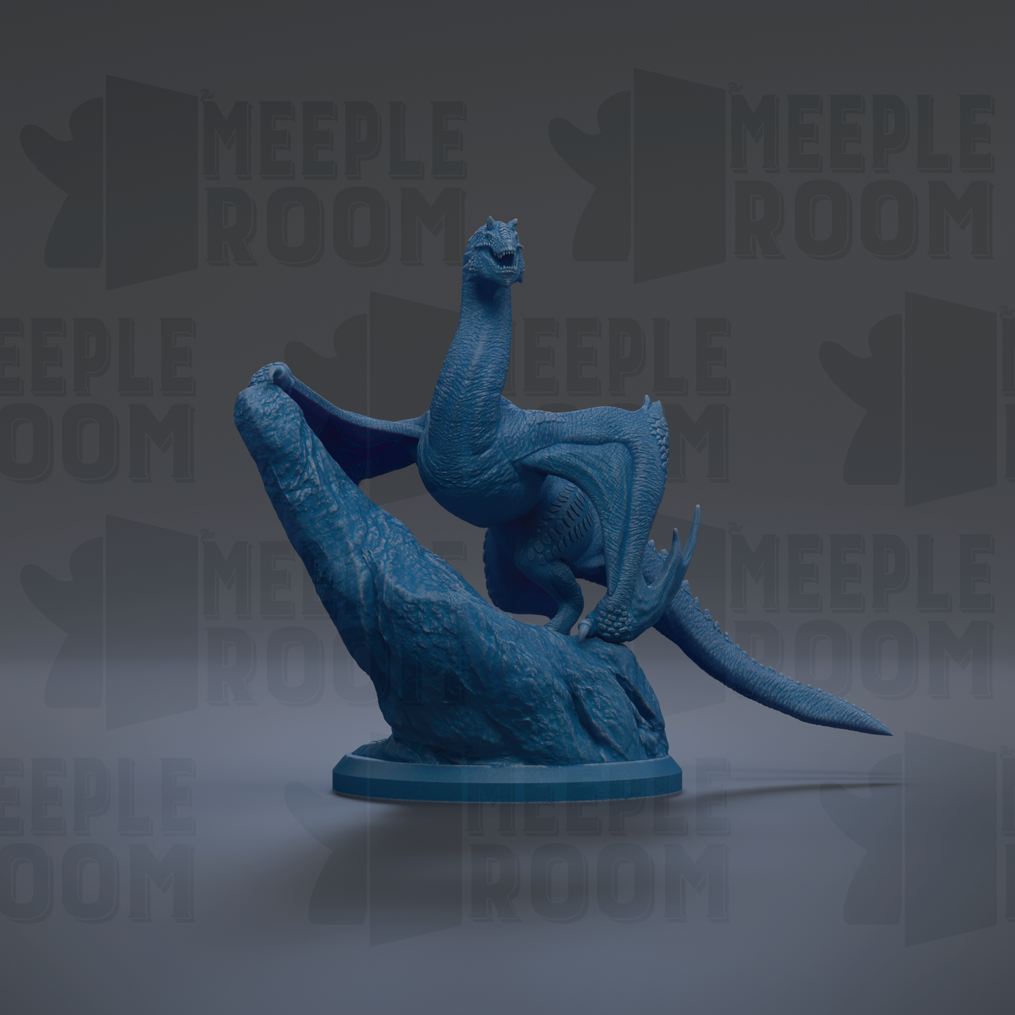 A blue dragon figurine is perched on a rock, with the dragon's wings spread out.