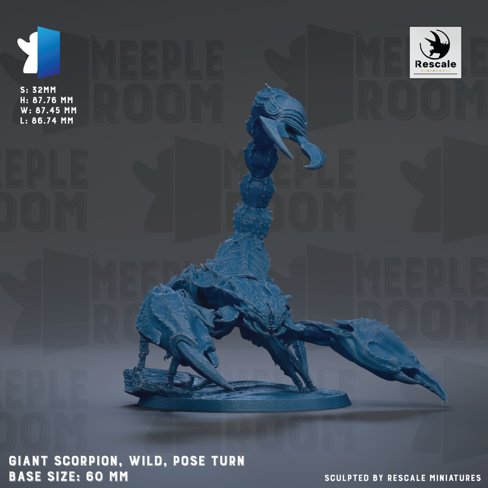 The image is a 3D rendering of a large blue, clawed creature resembling a scorpion or spider. The creature has a long, curved body and sharp claws, and it appears to be in a dynamic pose, possibly turning or crawling. The image is described as a "Giant scorpion, wild, pose turn" and is shown in a base size of 60 mm. The image is described as a "sculpted by Rescue miniatures" and is part of a larger collection of images.