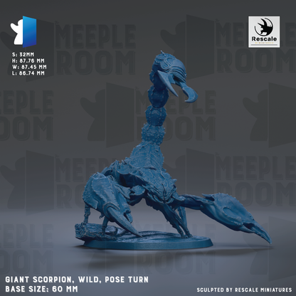 The image is a 3D rendering of a large blue, clawed creature resembling a scorpion or spider. The creature has a long, curved body and sharp claws, and it appears to be in a dynamic pose, possibly turning or crawling. The image is described as a "Giant scorpion, wild, pose turn" and is shown in a base size of 60 mm. The image is described as a "sculpted by Rescue miniatures" and is part of a larger collection of images.