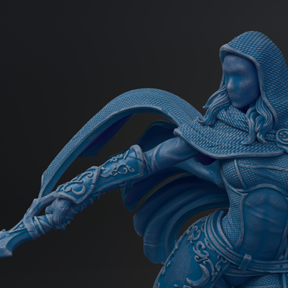 A detailed 3D rendering of a female warrior figure in a blue and black color scheme, holding a sword and wearing a hooded cloak.