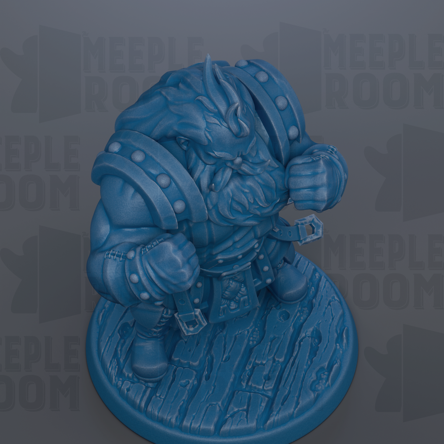 A blue figurine of a bearded, armored character with a large beard and a chain around its neck, standing on a wooden base.