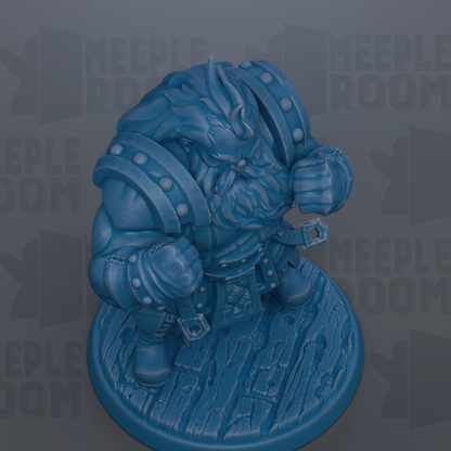A blue figurine of a bearded, armored character with a large beard and a chain around its neck, standing on a wooden base.