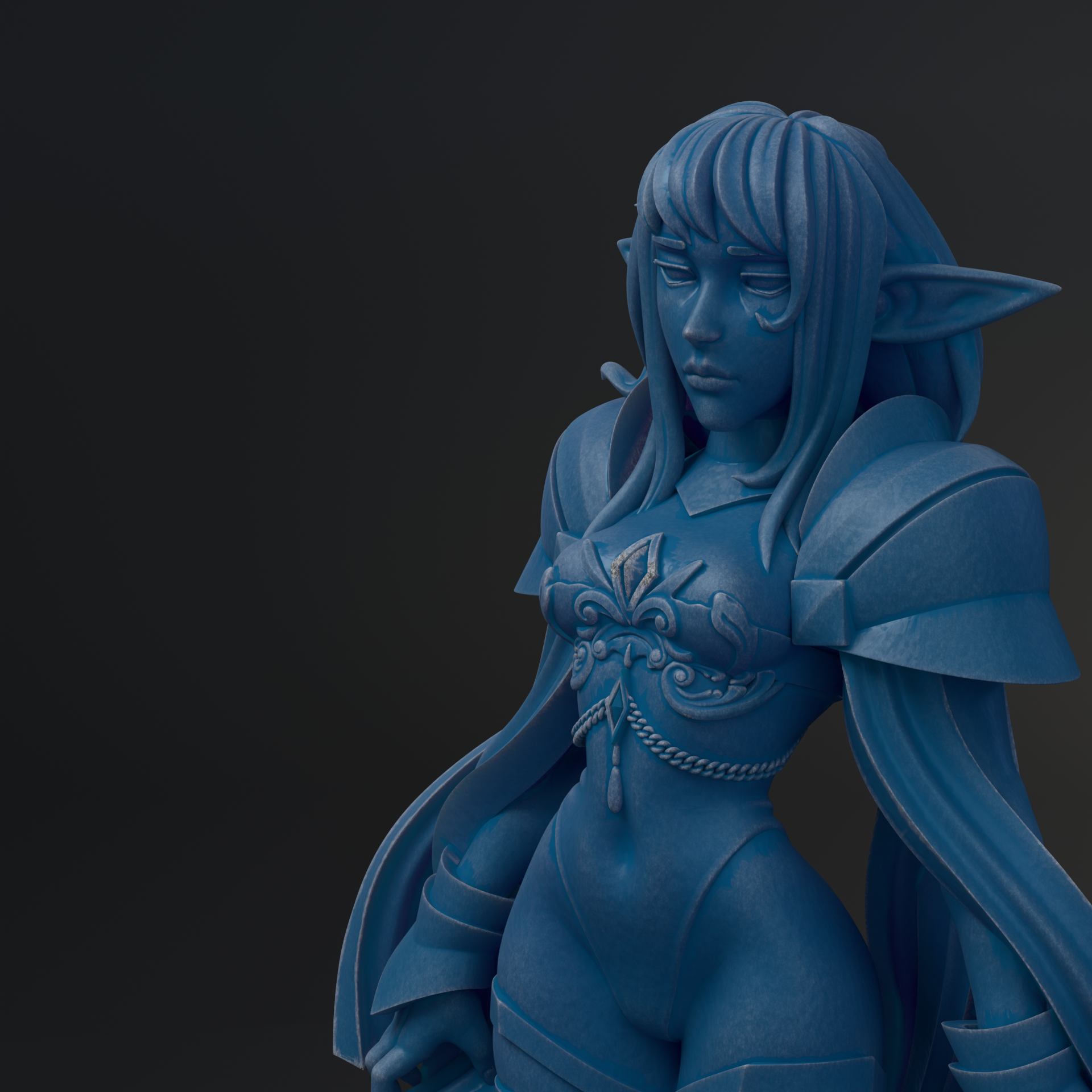 A blue, 3D-rendered female character with long hair and a flowing robe, standing against a dark background.