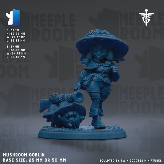 The image is a detailed model of a mushroom-headed female character, likely a mushroom gabin, with a large hat and a gun. The base size of the figurine is either 25mm or 50mm. The image is described as a sculpture by Twin Goddess Miniatures.