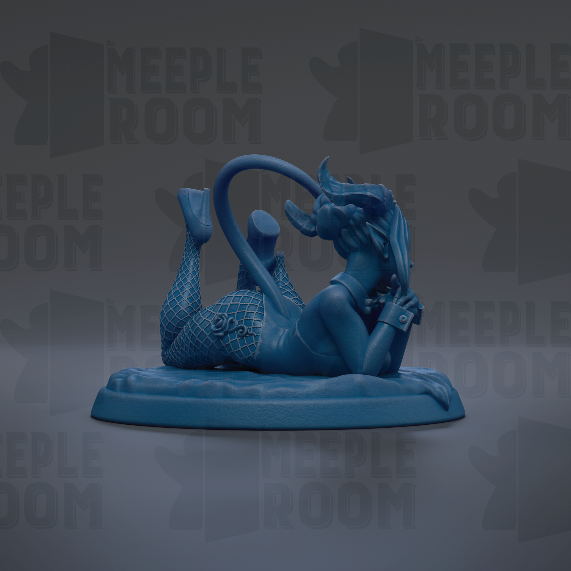 A blue figurine of a woman with a cat-like appearance is displayed against a dark background with repeated text.