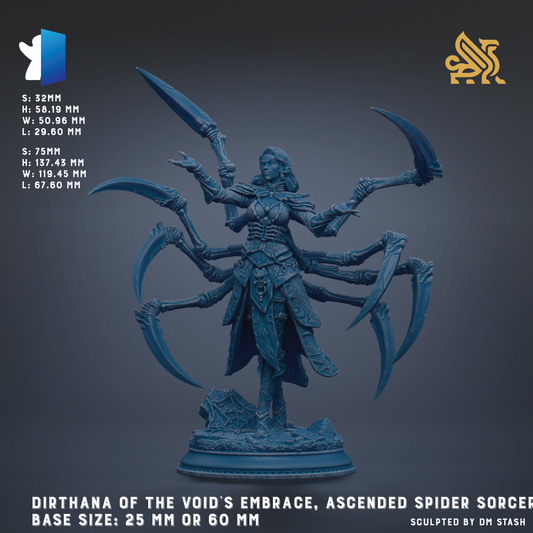 a figurine of a woman with multiple arms, resembling a spider or a deity-like figure. The figurine is shown in a dark blue color, and the base size is either 25 mm or 60 mm. The figurine is described as a "Dirtana of the Void's Embrace, Ascended Spider Sorcerer" and is sculpted by DM Stash.