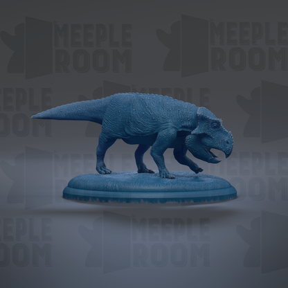 A blue dinosaur figurine is displayed on a blue base against a gray background with repeated text.