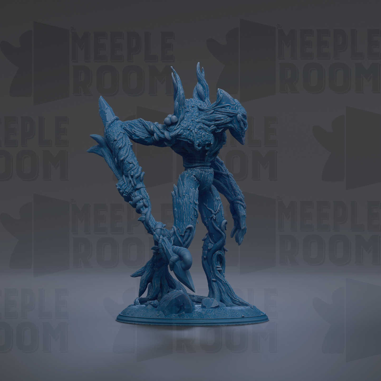 A blue, fantastical creature with sharp teeth and claws stands on a base, surrounded by repeated text and logos.